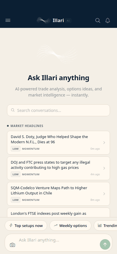 Illari mobile app Ask Illari home screen — AI market intelligence feed and chat interface