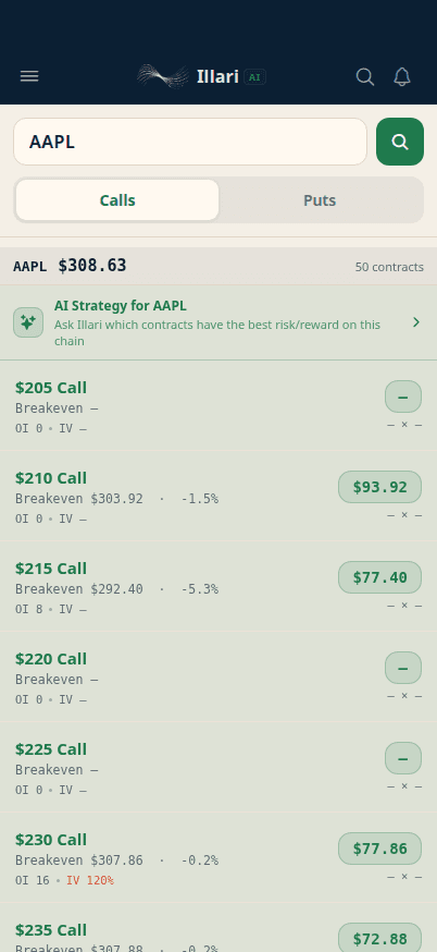 Illari mobile app options chain analyzer — showing strikes, IV, and AI strategy pick